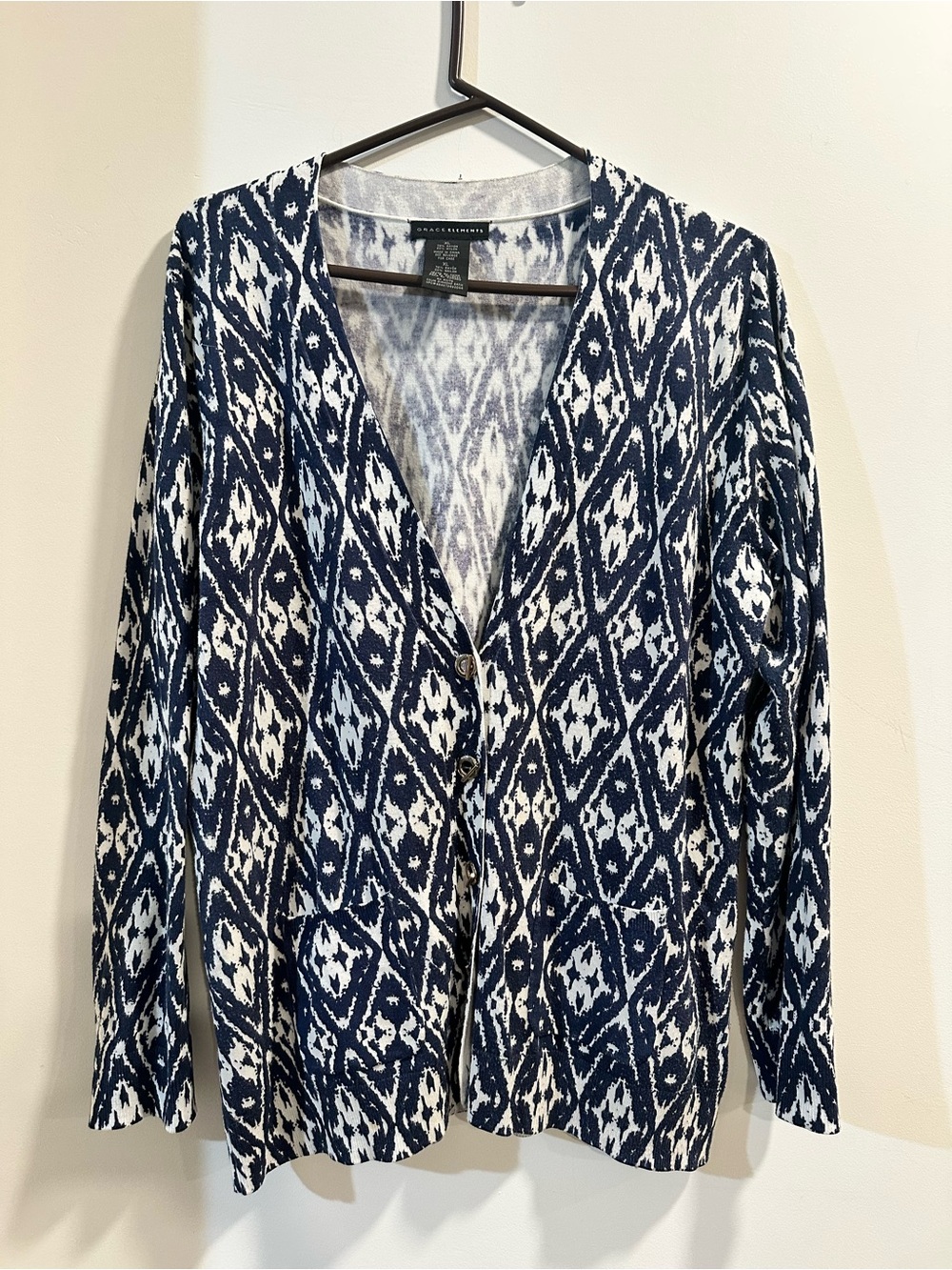 Grace Elements Navy and White Patterned V-Neck Cardigan Sweater